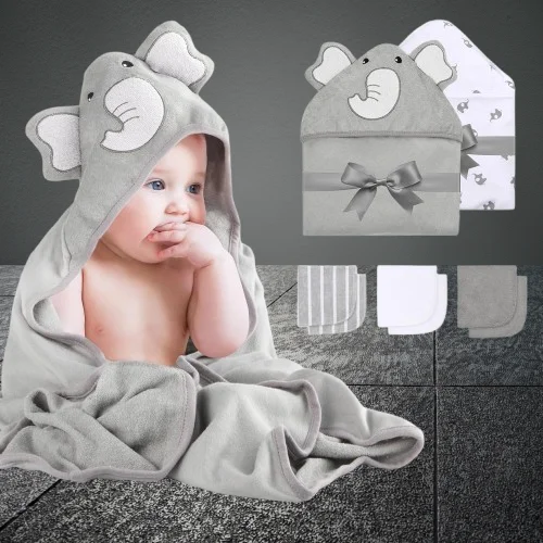 Soft and cozy baby boy hooded towel, perfect for wrapping up your little one after bath time.
