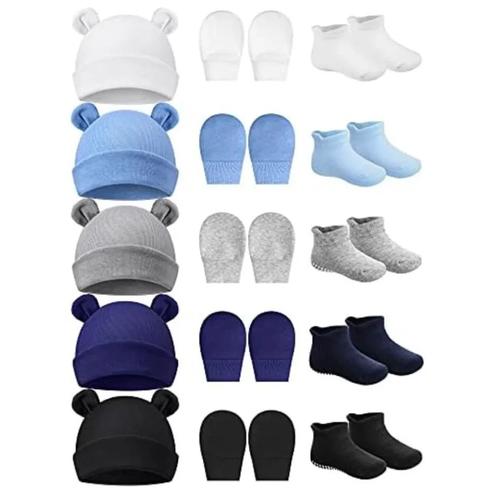 Cute and cozy baby boys' hat and bootie set, perfect for keeping your little one warm and stylish.