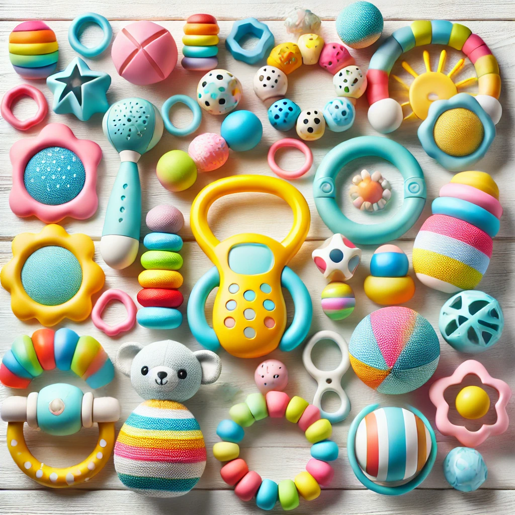 A colorful baby developmental toy gift set featuring sensory toys, rattles, and silicone teethers, arranged neatly on a white background. The toys are in pastel shades of blue, yellow, pink, and green, with varying textures and shapes, designed for fun, safety, and educational play for babies.
