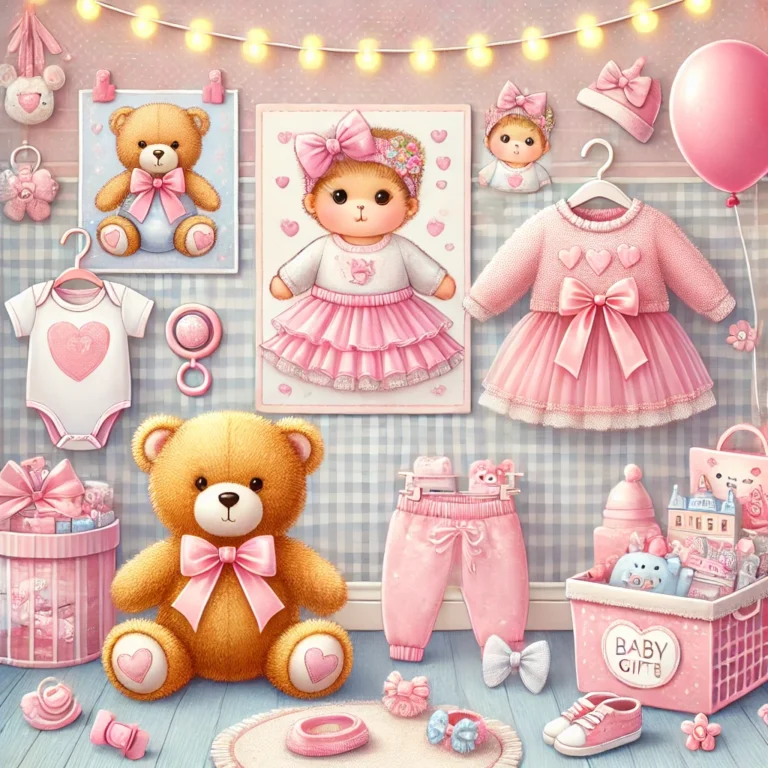 A beautiful assortment of baby gifts for girls, featuring a pink teddy bear, baby clothes, hair accessories, and a baby photo album, set in a pastel-themed nursery with soft lighting and playful decor.