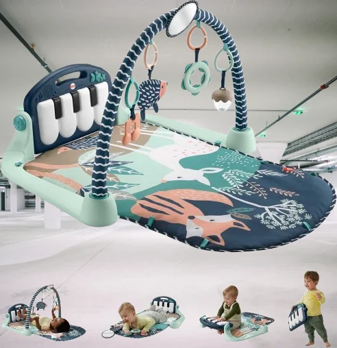 Colorful and interactive baby play gym with toys and soft mat for early development.