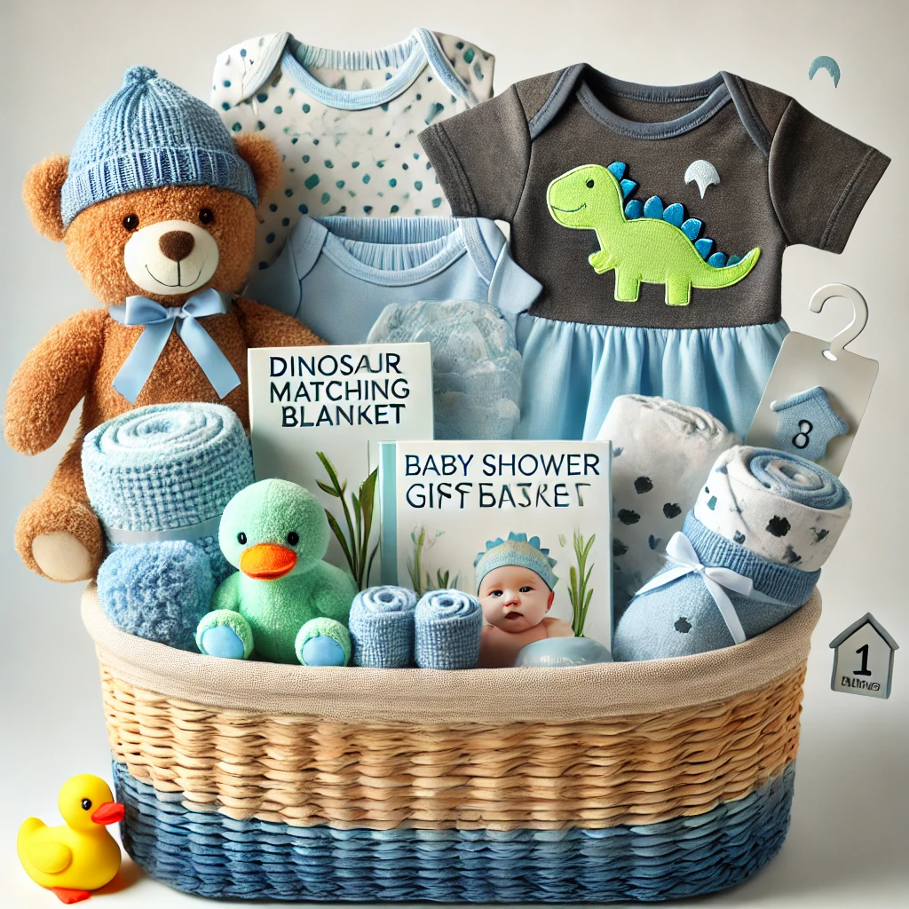 A baby shower essentials gift basket featuring a woven fabric ombre blue design filled with baby items including a plush bear, matching clothing set, milestone blanket, receiving blankets, baby washcloths, rubber duck, soft book, and picture frame. Perfectly arranged for a baby shower gift.