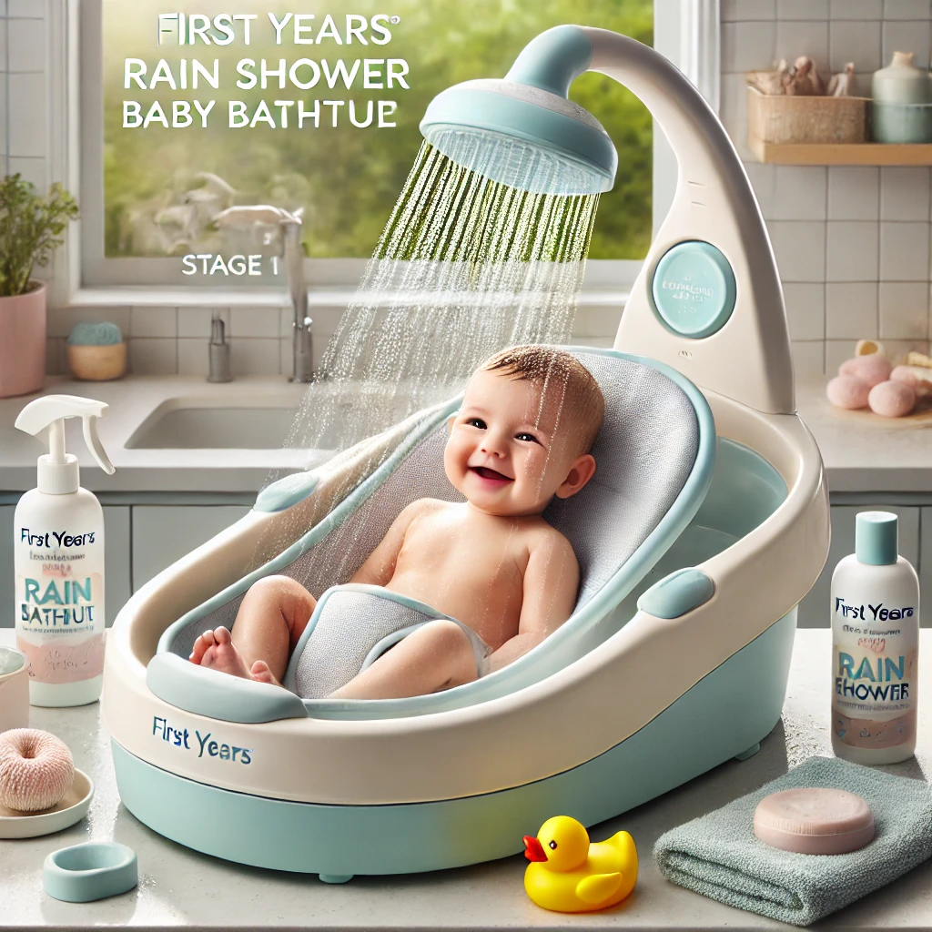 A baby bath-time gift set featuring bubble bath products, rubber ducks, hooded towels, and a convertible baby bathtub with a sling. The set is arranged with soft pastel colors, creating a playful and relaxing bath-time atmosphere for babies.