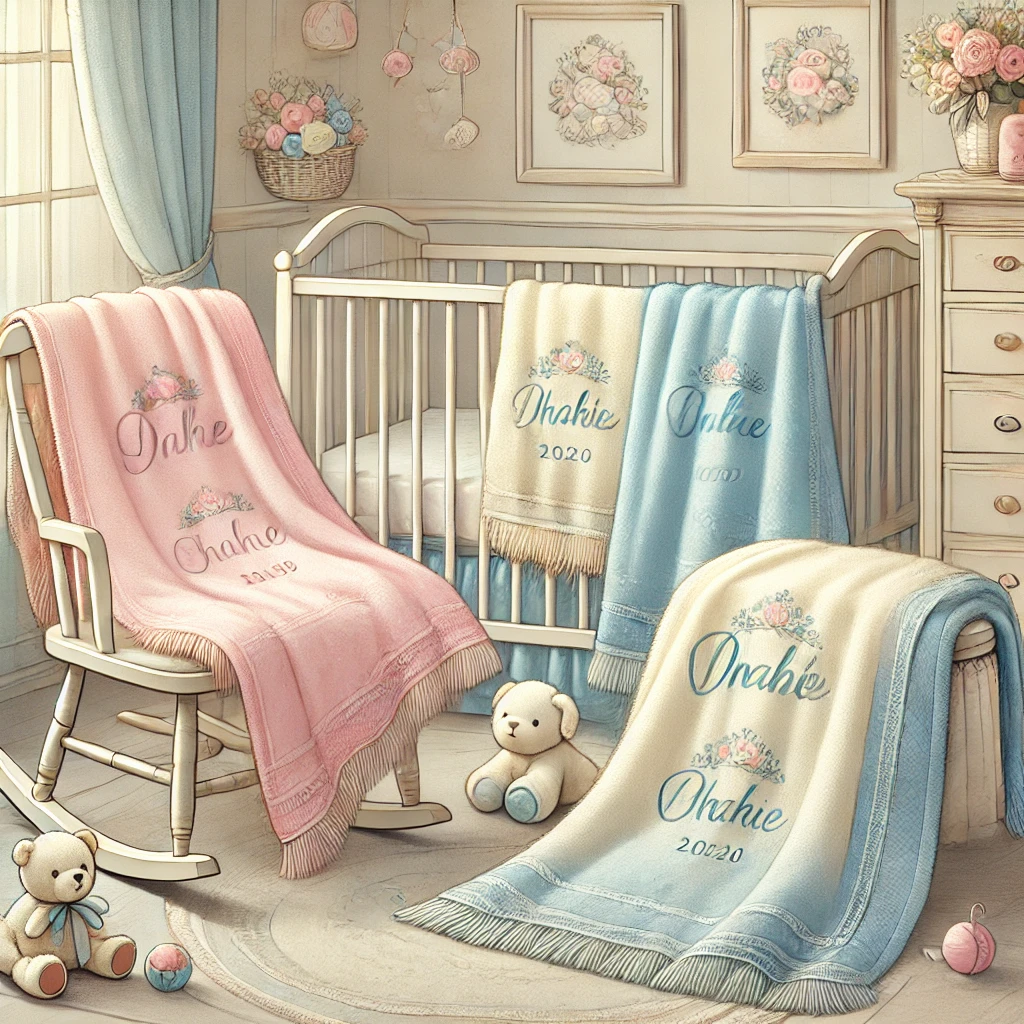 Soft and cozy personalized baby blankets in pastel colors, featuring elegant cursive embroidery of baby names, perfect for a nursery or gift idea for newborns.