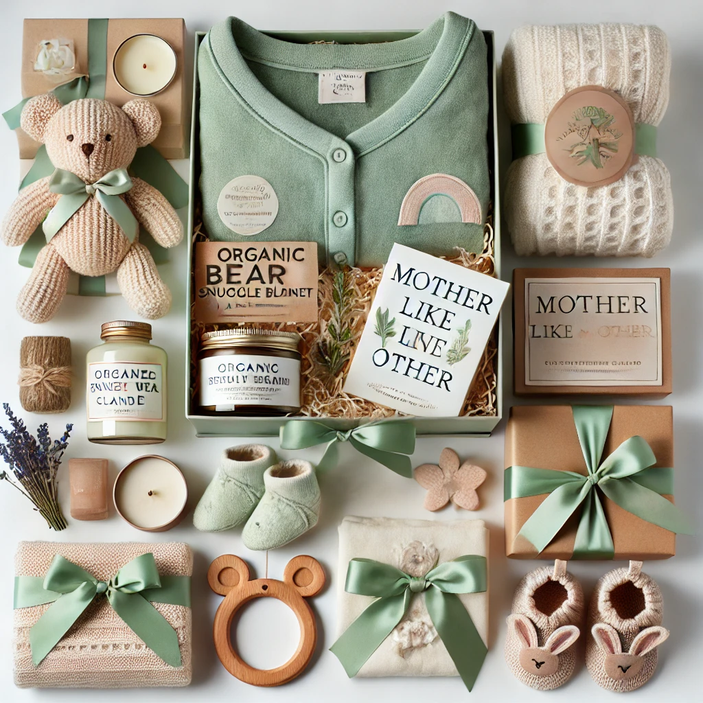 A premium newborn care gift set featuring a sage green gift box tied with a ribbon, containing luxurious items such as a cotton onesie, organic bear snuggle blanket, handmade baby shoes, lavender beeswax candle, wooden bunny ear teether, Sophie giraffe teether ring, organic soap, lavender sachet, and a heartfelt greeting card. Perfect for a high-end baby gift.