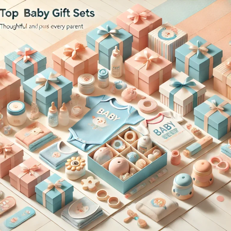 A vibrant display of baby gift sets for 2024, featuring colorful onesies, bibs, toys, and skincare products curated by All In One Shoppers. The gift sets are neatly arranged in pastel packaging on a bright surface, perfect for baby showers and newborn gifting.