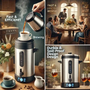 A high-quality, fast-brewing, and durable stainless steel coffee urn. Features a spill-proof twist-lock lid, cool-touch handles, and excellent heat retention. Perfect for cafés, offices, hotels, and events.