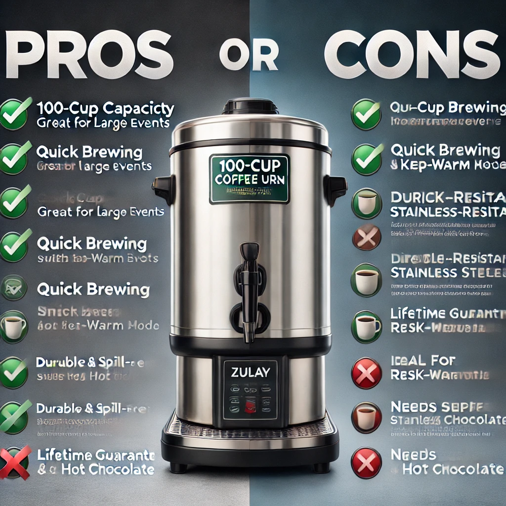 Comparison of the Zulay 100-Cup Commercial Coffee Urn showing pros and cons. Pros include large 100-cup capacity, quick brewing with keep-warm mode, durable stainless steel design, lifetime guarantee, and versatility for coffee, tea, and hot chocolate. Cons include not ideal for small households and requires sufficient storage space.