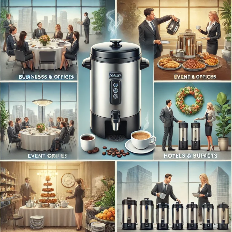 Zulay 100-Cup Commercial Coffee Urn being used in different settings: an office with employees enjoying coffee, a wedding or conference serving guests, a hotel breakfast buffet, and a catering event.